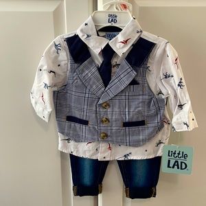NWT Baby Boy Formal 0-3 Months Full Outfit - Dino Button-Up, Tie, Vest, Jeans